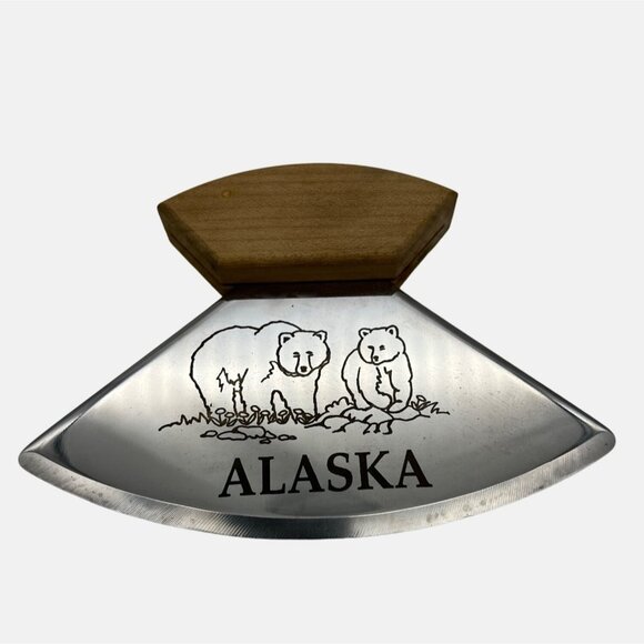 Alaskan ULU Stainless Steel Dough Knife Wood Handle Bear Design 5.5” Blade - Picture 1 of 7